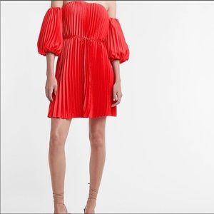 Women's Pleated Belted Off The Shoulder Trapeze Dress Tomato